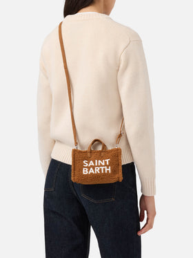 Phone Bag marrone in tessuto teddy con ricamo logo