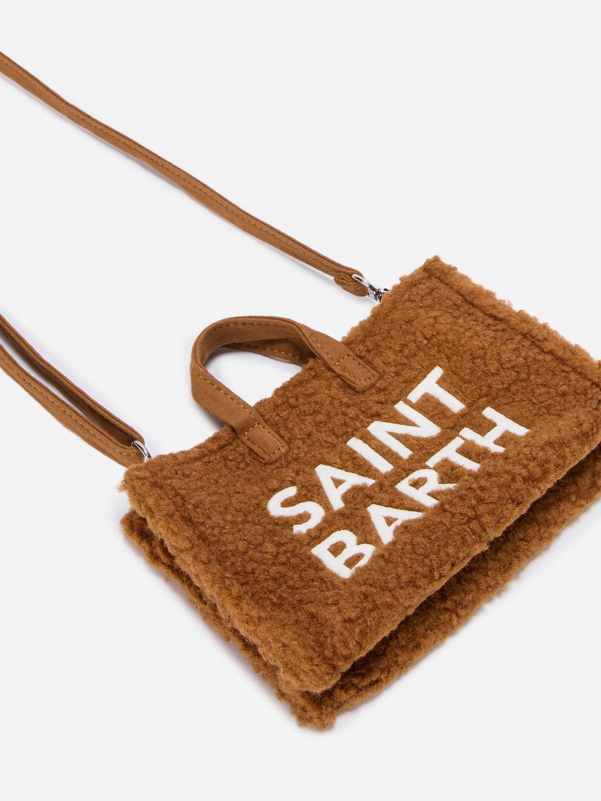 Phone Bag marrone in tessuto teddy con ricamo logo