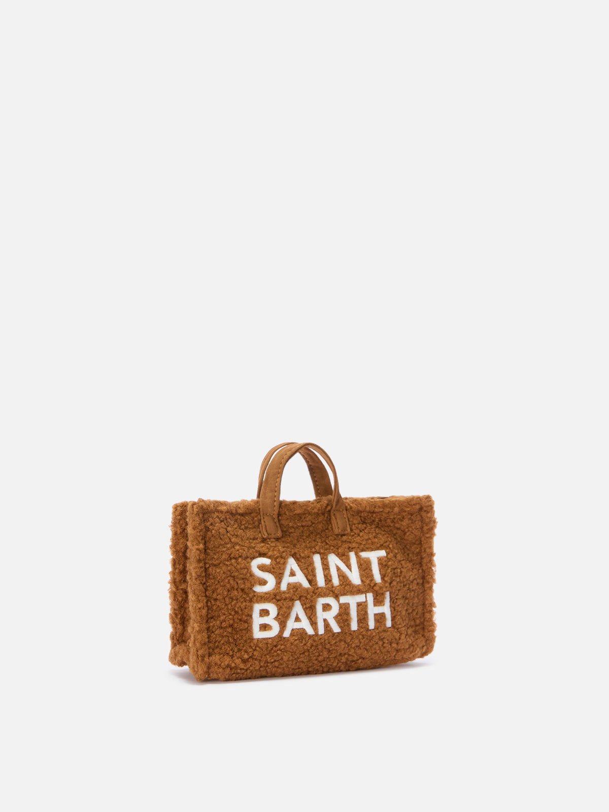 Phone Bag marrone in tessuto teddy con ricamo logo