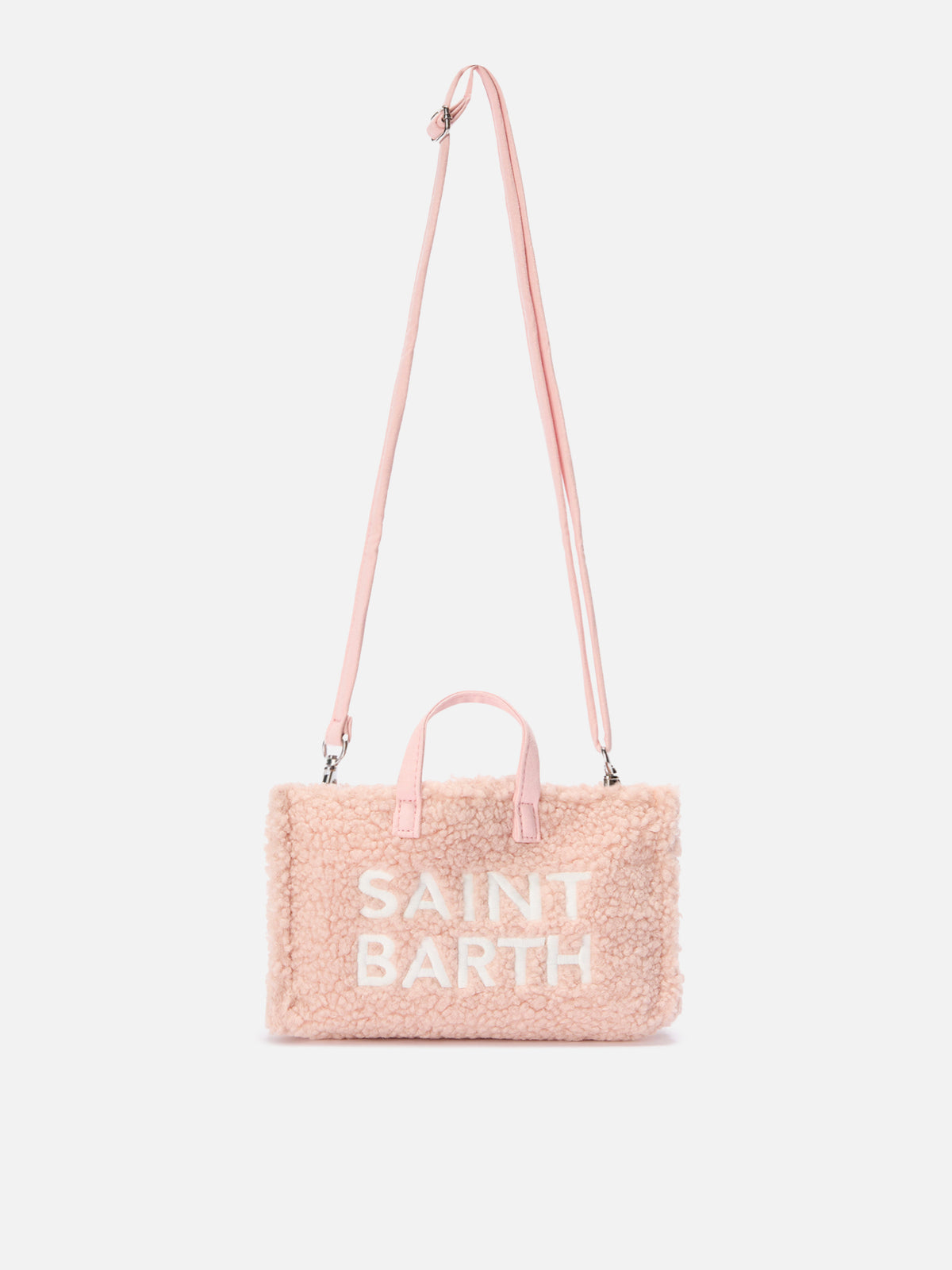 Bolso para teléfono rosa en tejido teddy con bordado del logo 