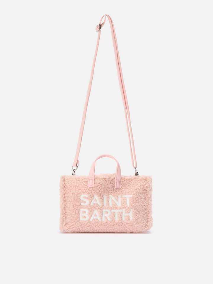 Sac téléphone rose en tissu teddy avec broderie logo 