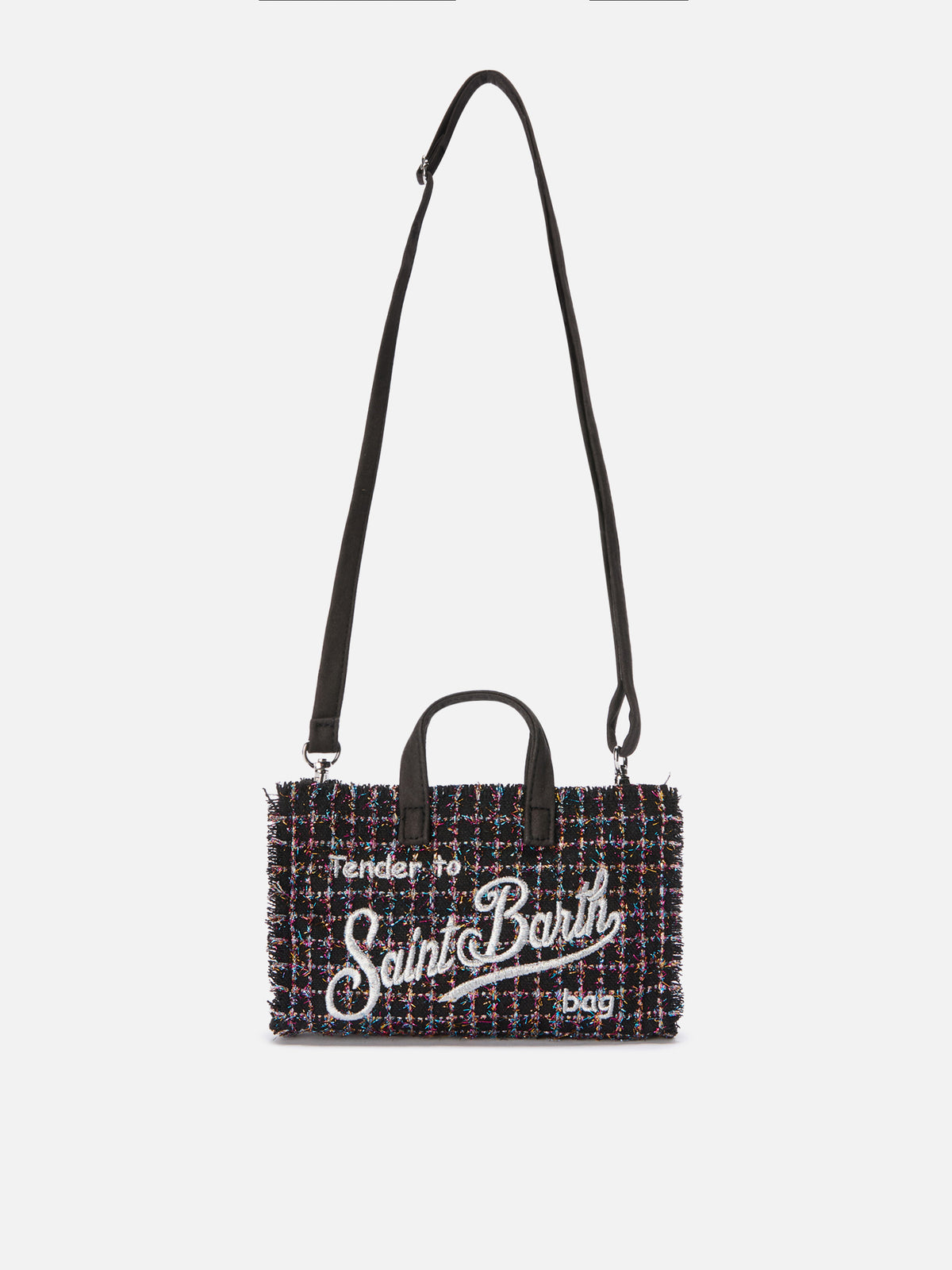 Schwarze Phone Bag aus Tweed mit Logostickerei 