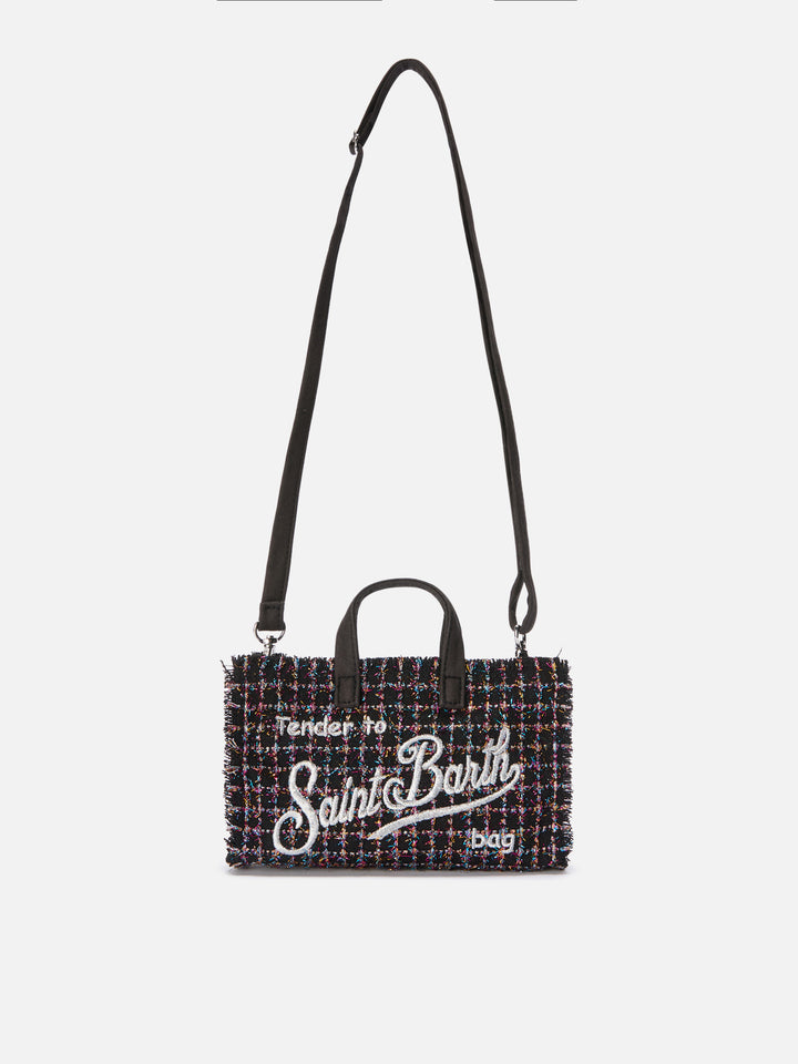 Bolso para teléfono negro en tweed con bordado del logo 