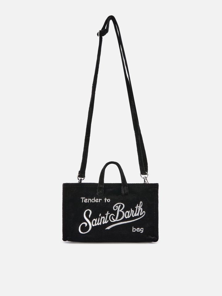 Bolso para teléfono negro en terciopelo con bordado del logo 