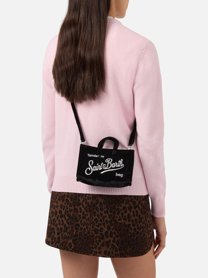 Bolso para teléfono negro en terciopelo con bordado del logo 