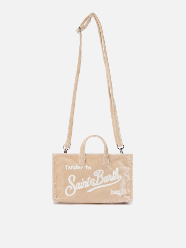 Bolso para teléfono beige de terciopelo con bordado del logo 