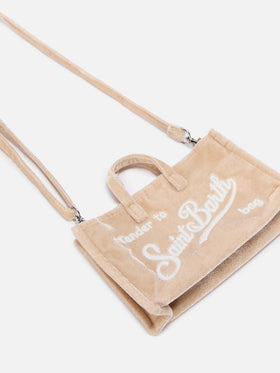Beige Phone Bag in velvet with logo embroidery