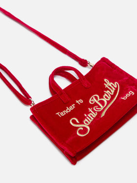 Rote Phone Bag aus Samt mit gesticktem Logo 