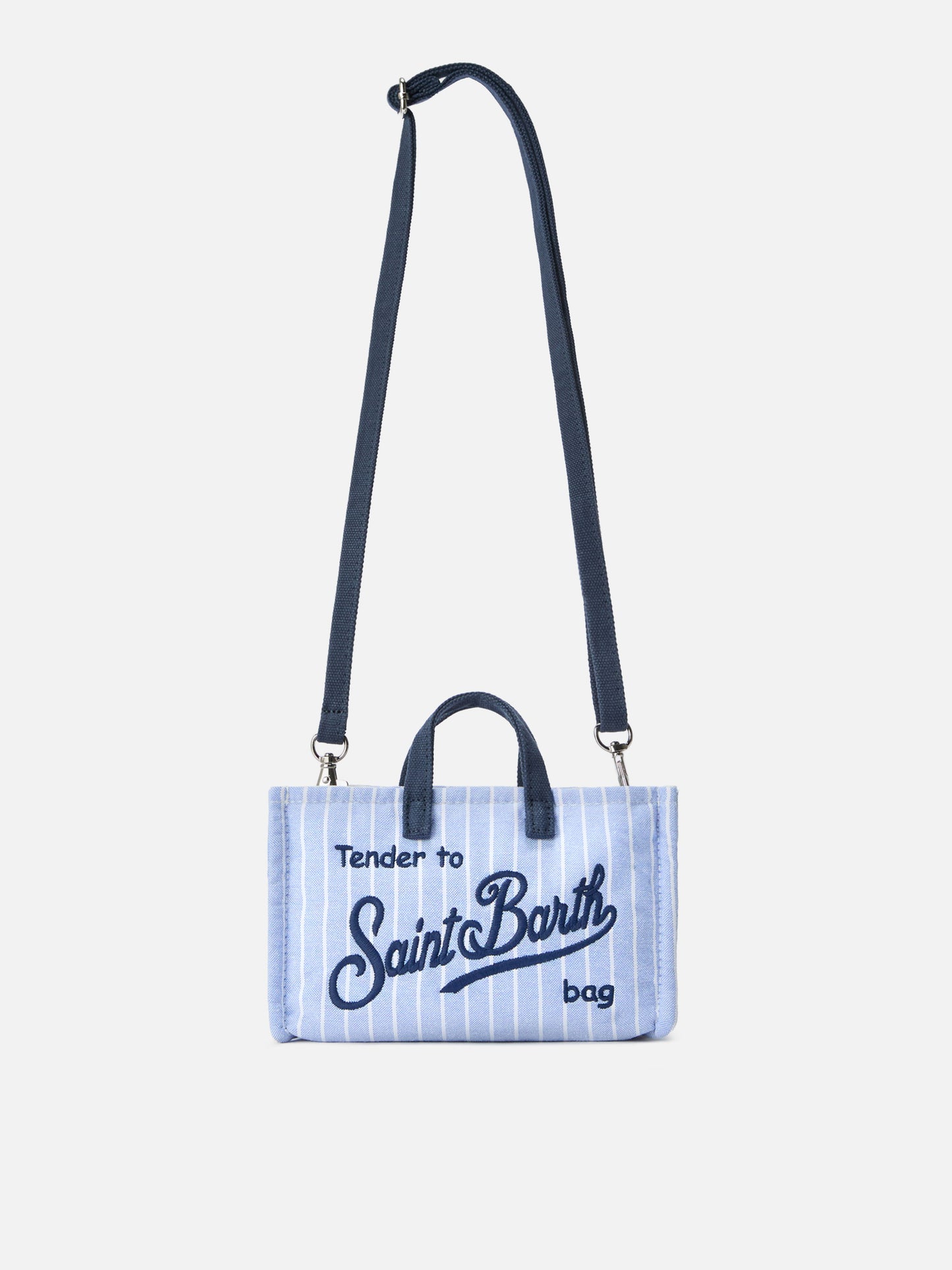 Micro Phone canvas bag with white and light blue stripes and contrasting logo