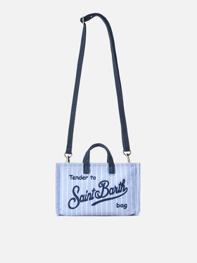 Micro Phone canvas bag with white and light blue stripes and contrasting logo