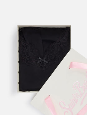 Schwarzes Pilar Oberteil- und Shorts-Set mit Spitze 