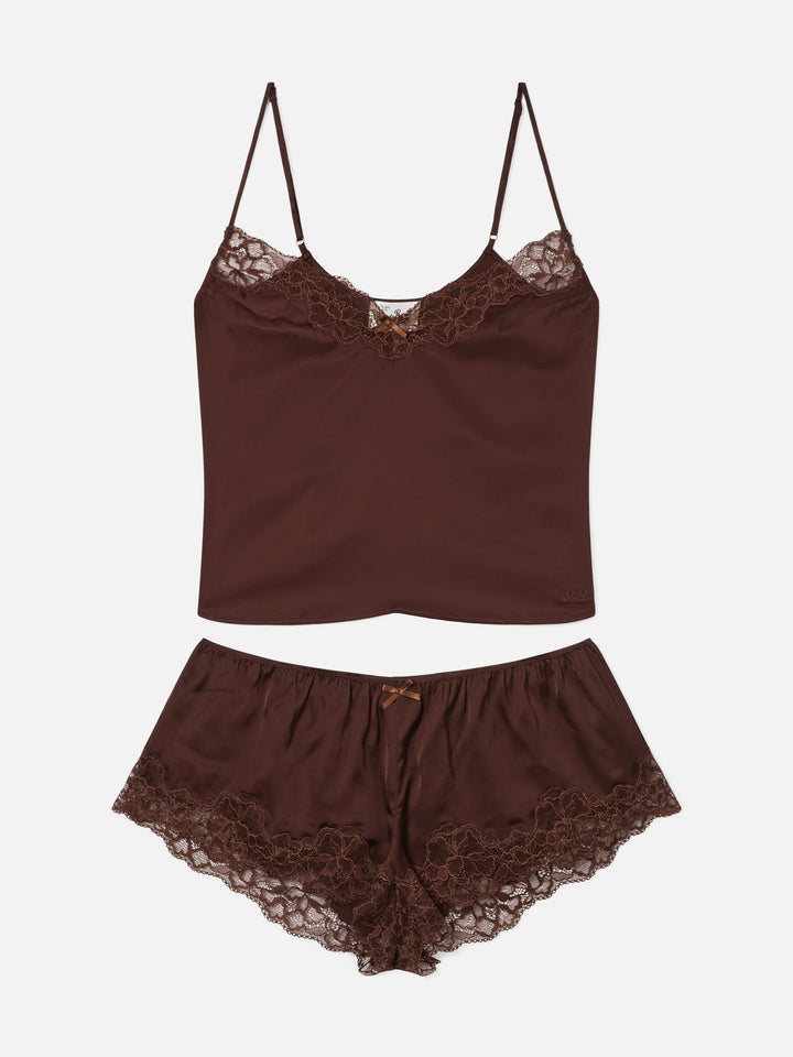 Dunkelbraunes Pilar Oberteil- und Shorts-Set mit Spitze 