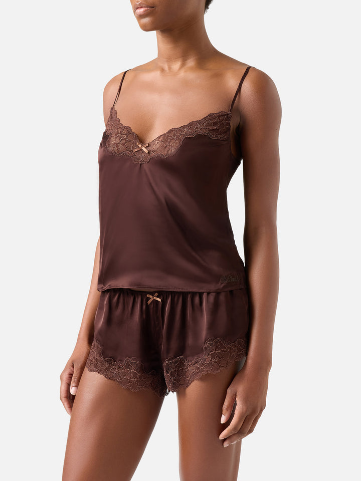 Dunkelbraunes Pilar Oberteil- und Shorts-Set mit Spitze 