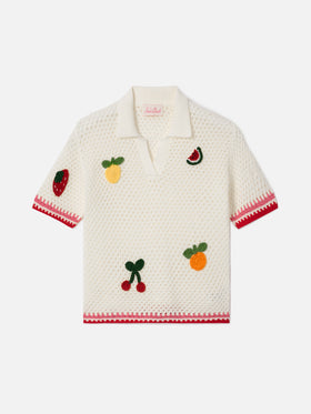 Pixie Jr Polo in white cotton blend with embroidered patches