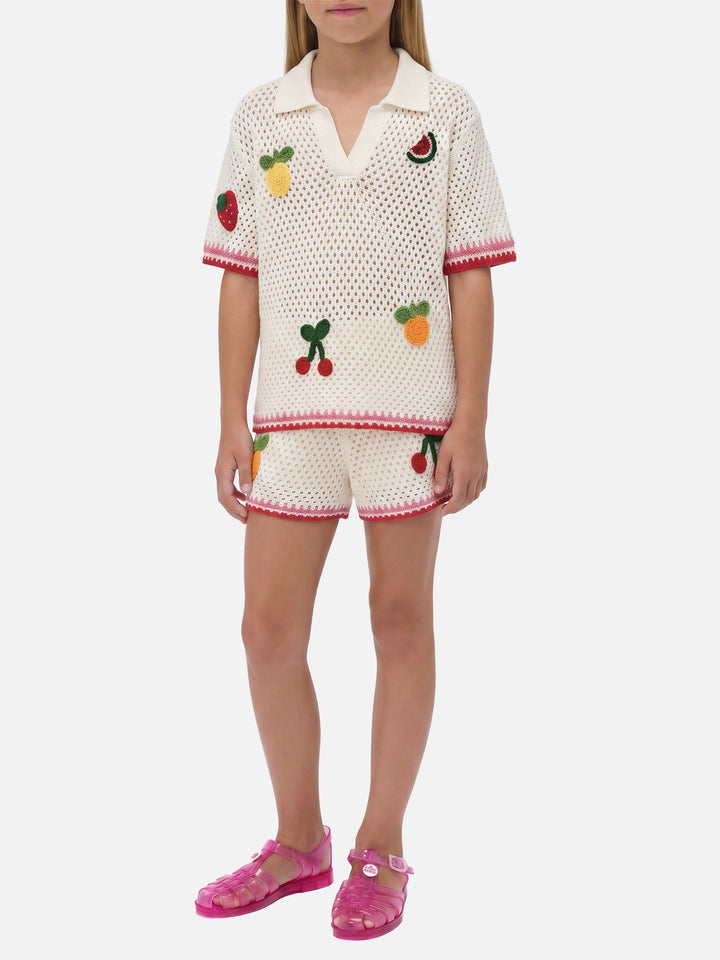 Pixie Jr Polo in white cotton blend with embroidered patches