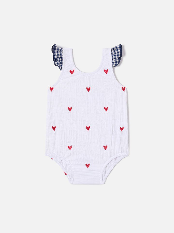 Pinkie one-piece swimsuit in seersucker with heart embroidery