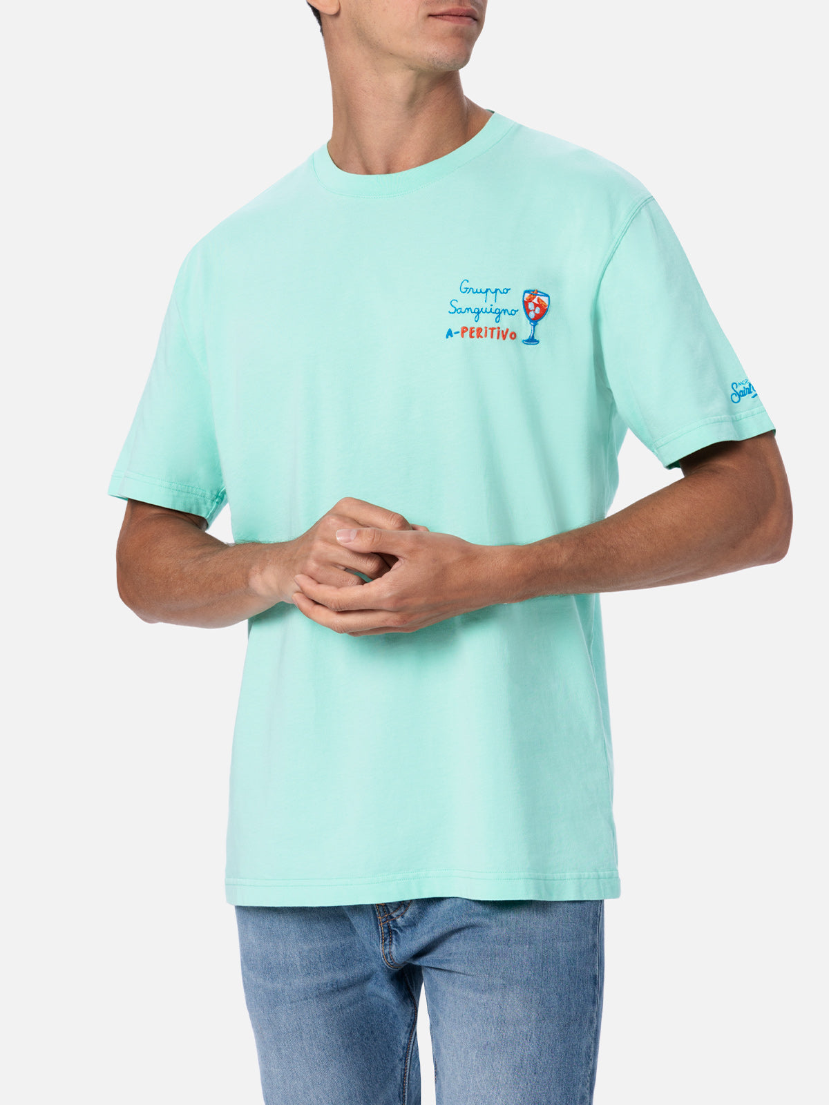 Man classic fit cotton jersey t-shirt Portofino with Gruppo sanguigno A peritivo embroidery