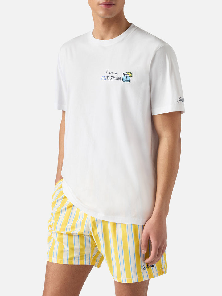 White Portofino T-shirt with I Am A Gintleman embroidery