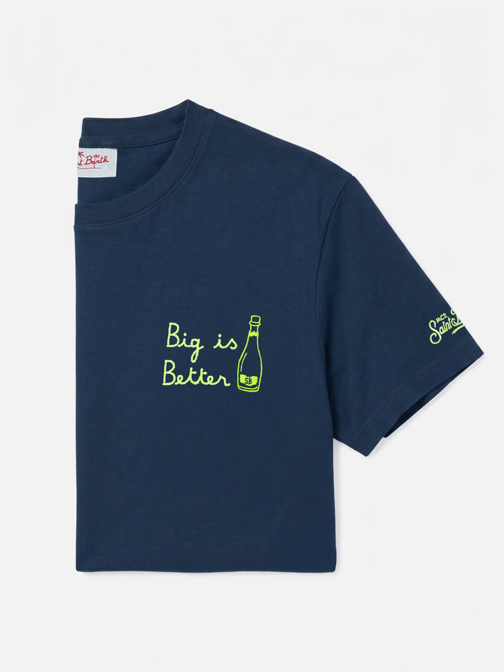 Portofino navyblaues Baumwoll-T-Shirt mit „Big is Better“-Stickerei 