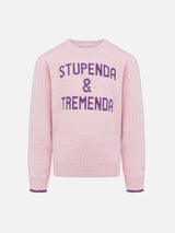 Girl pink crewneck sweater Princess with Stupenda & Tremenda lurex print