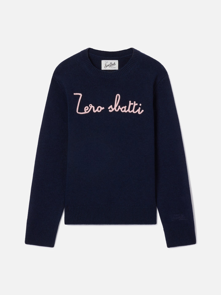 Princess crewneck knitwear in navy blue with Zero Sbatti embroidery