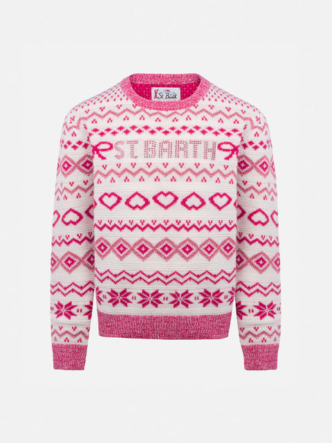 Girl fair-isle crewneck sweater Princess with St. Barth rhinestones logo - MC2 Saint Barth