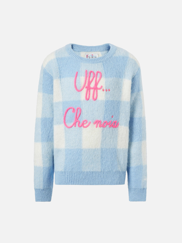 Crewneck sweater with check jacquard and Uff… che noi embroidery