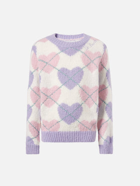 Crewneck sweater with heart argyle jacquard