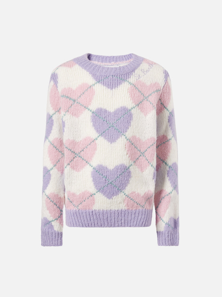 Crewneck sweater with heart argyle jacquard