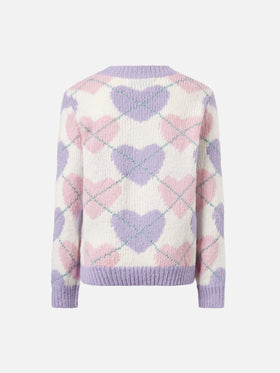 Crewneck sweater with heart argyle jacquard