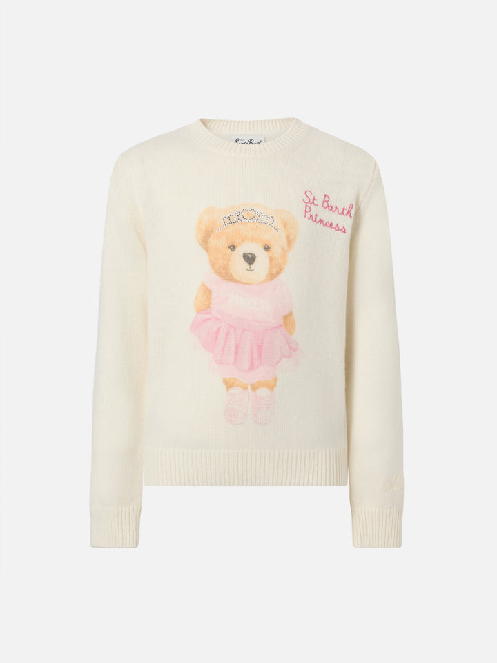 Sweater Princess in cashmere blend with teddy bear print and embroidery