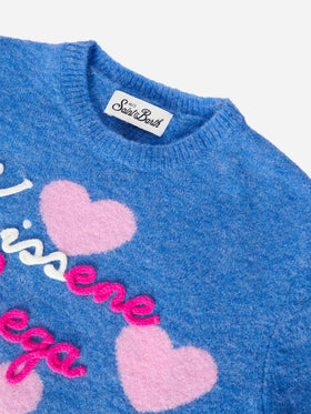 Prinzessinnen-Stretch-Alpakapullover mit Herz-Jacquardmuster und Kissene-Frega-Stickerei