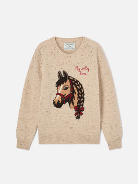 Beige Princess wool blend Donegal knit crewneck with horse intarsia and My Only Love embroidery