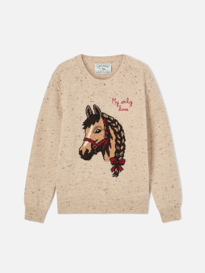 Jersey de cuello redondo de punto Donegal en mezcla de lana Beige Princess con intarsia de caballo y bordado My Only Love 