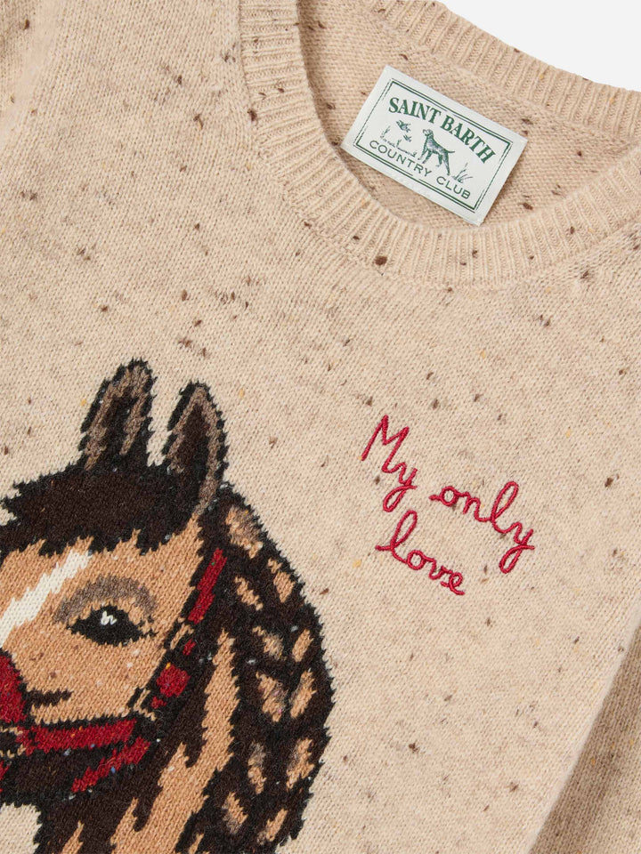 Jersey de cuello redondo de punto Donegal en mezcla de lana Beige Princess con intarsia de caballo y bordado My Only Love 