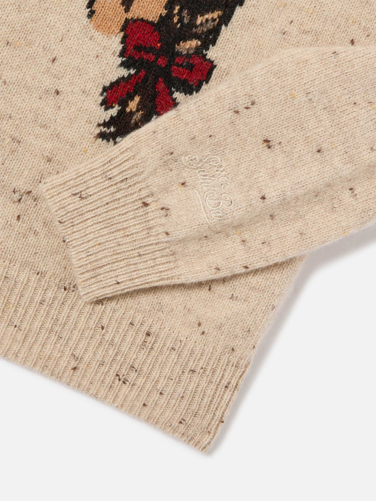 Beige Princess wool blend Donegal knit crewneck with horse intarsia and My Only Love embroidery