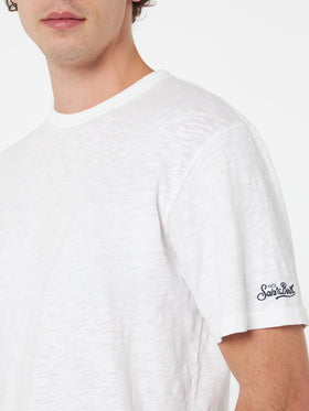 Weißes geflammtes Baumwoll-T-Shirt President mit Stickerei