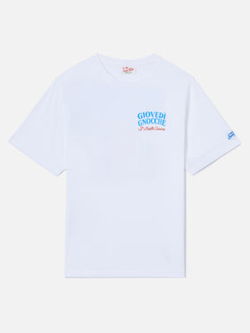 White Portland t-shirt with Giovedì Gnocche illustration