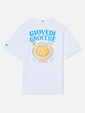 White Portland t-shirt with Giovedì Gnocche illustration