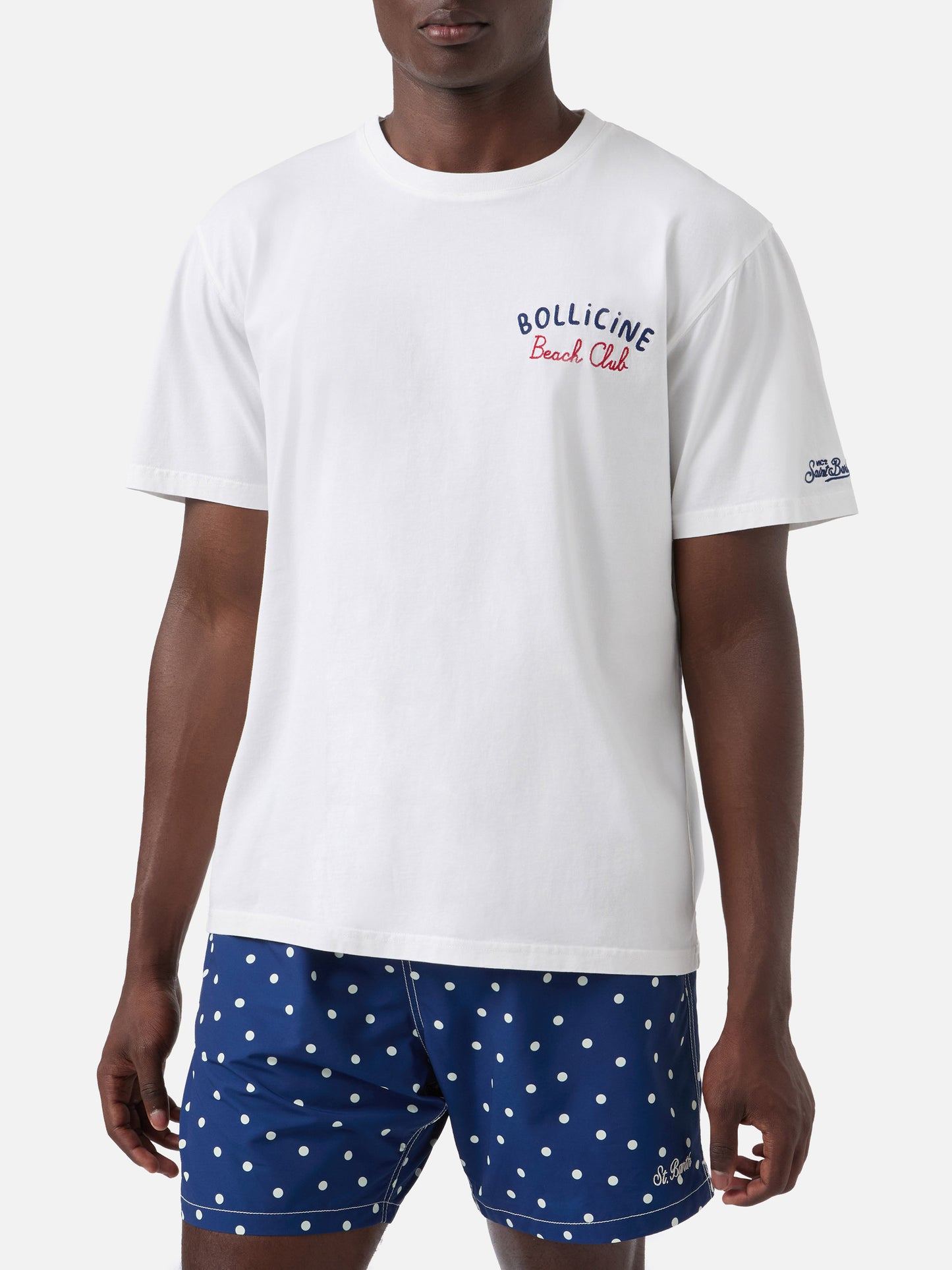 White Portland t-shirt with Bollicine Beach Club embroidery