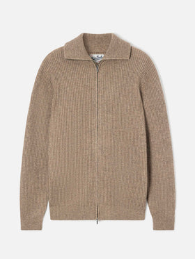 Beige Preston wool knit cardigan with full zip