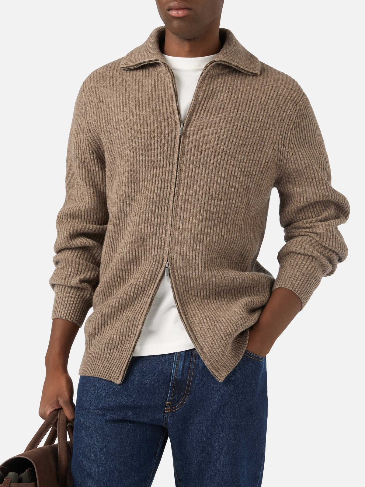 Beige Preston wool knit cardigan with full zip