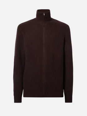 Cardigan full zip Preston in pura lana marrone scuro
