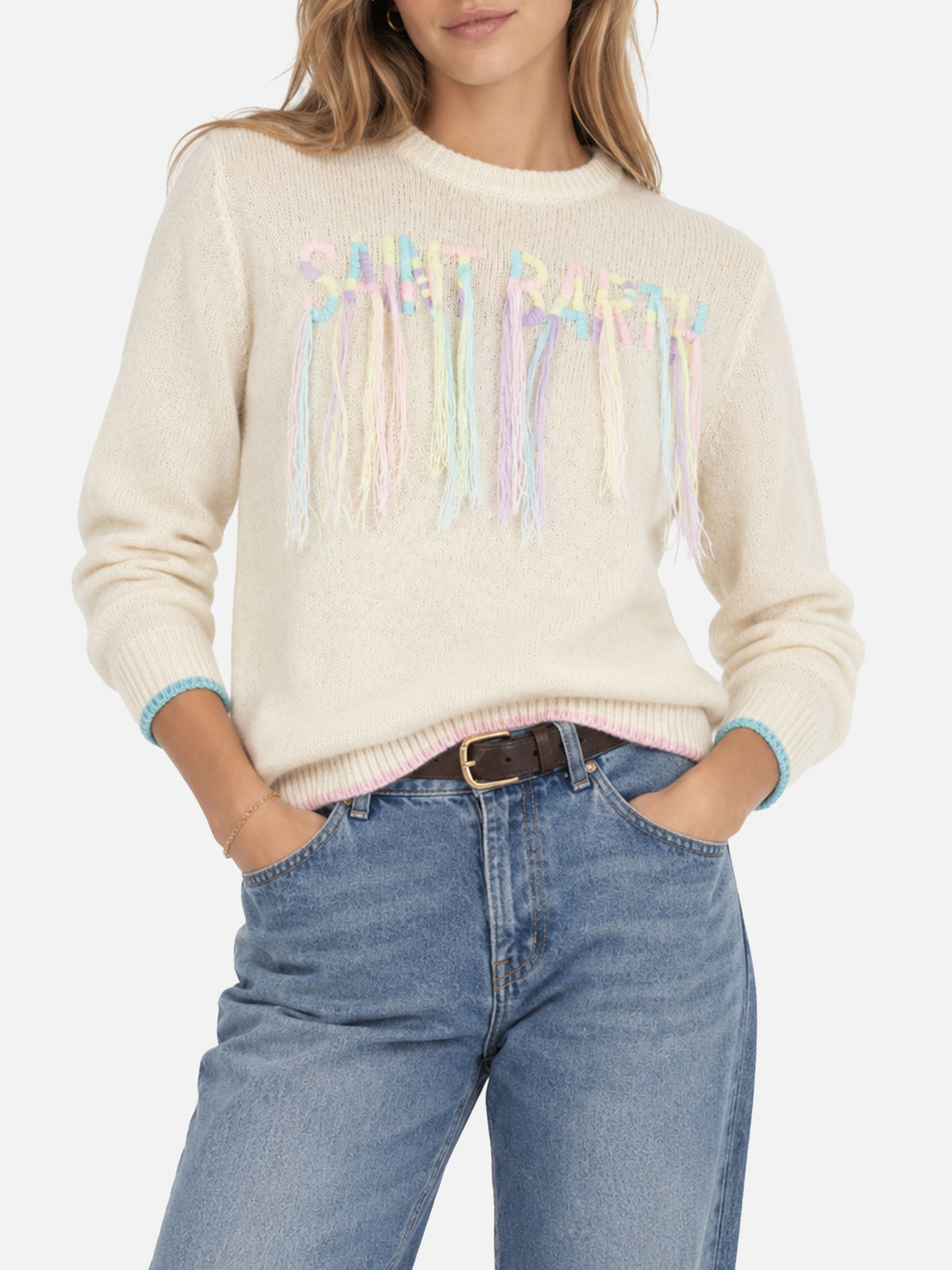 Gebürstetes Rundhals-Sweatshirt mit Saint Barth Fransenstickerei 