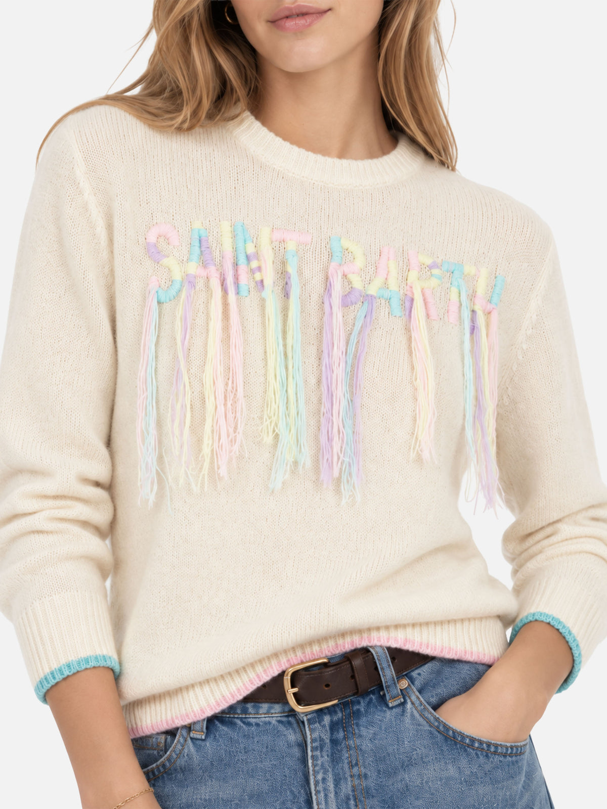 Gebürstetes Rundhals-Sweatshirt mit Saint Barth Fransenstickerei 