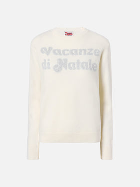 New Queen cashmere-blend sweater in white with Vacanze di Natale jacquard | VACANZE DI NATALE SPECIAL EDITION