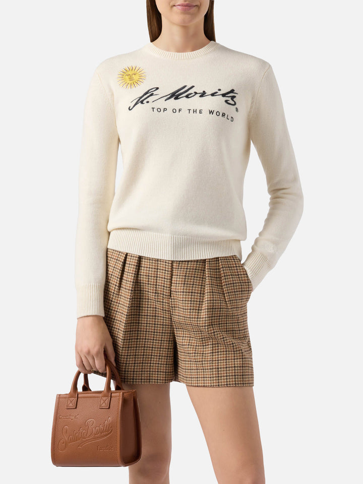 Maglione New Queen in misto cashmere bianco con ricamo St. Moritz | ST. MORITZ TOP OF THE WORLD SPECIAL EDITION