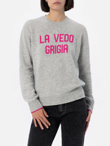 Maglione grigio da donna New Queen con stampa La vedo grigia