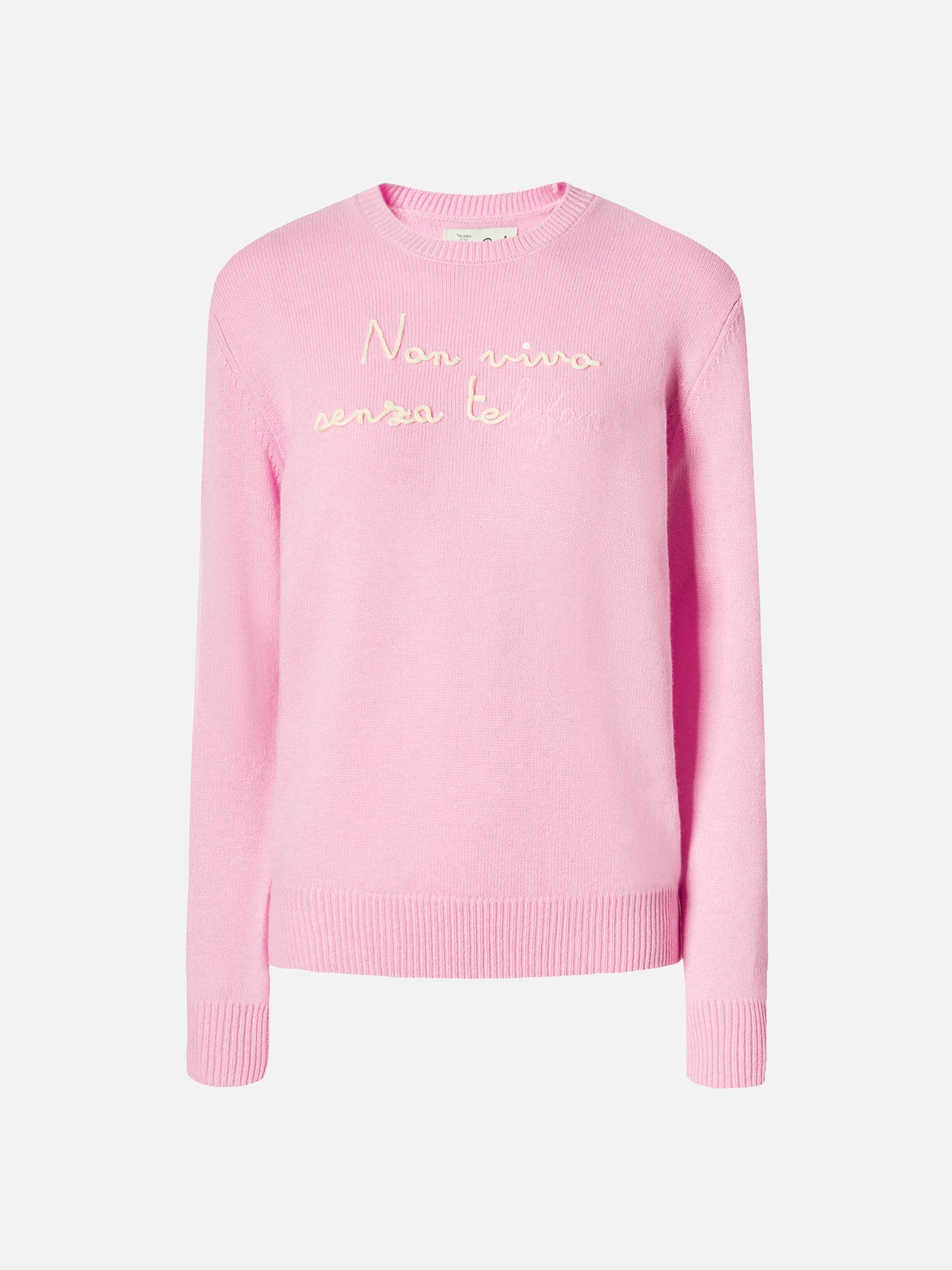 Maglione New Queen in misto cashmere rosa con ricamo Non vivo senza te(lefono)