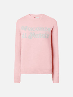 Maglione New Queen in misto cashmere rosa con jacquard lurex Vacanze di Natale | VACANZE DI NATALE SPECIAL EDITION